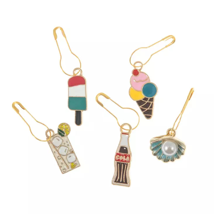 Hemline silmukkamerkkilajitelma 5 erilaista herkkuaiheista kuviota pakattuna pahviseen rasiaan